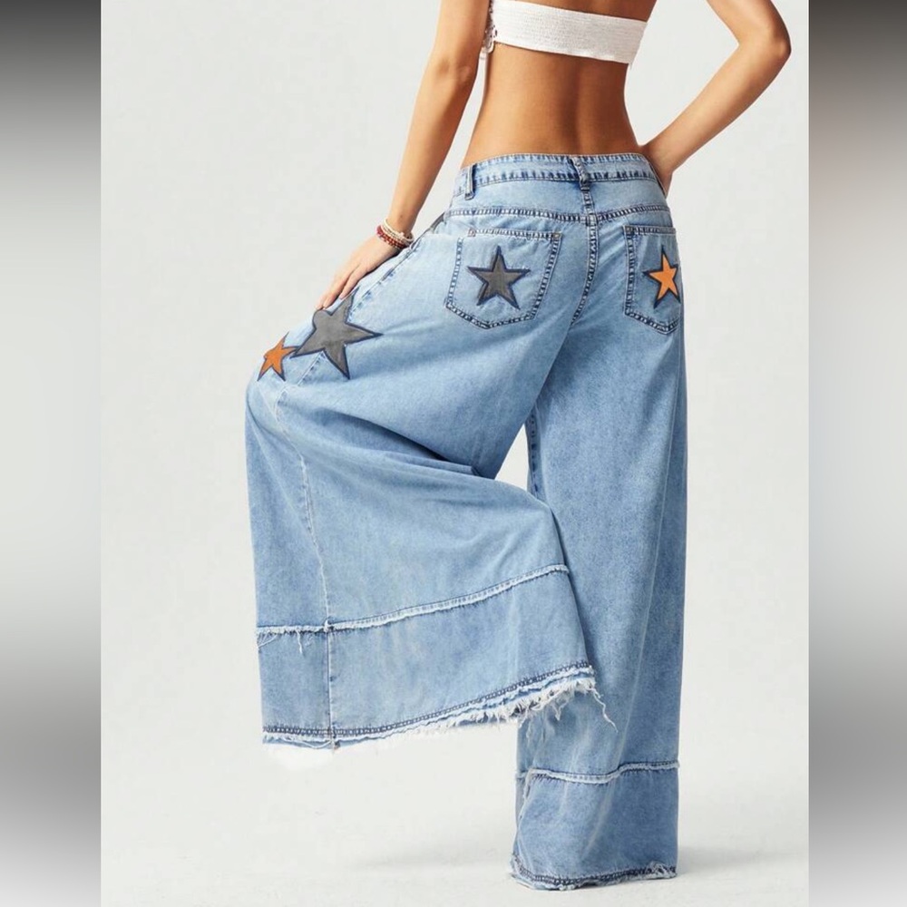 NWOT Bohemela Acid Wash Wide Leg Pants With Star Patch Details Size L - Picture 7 of 15